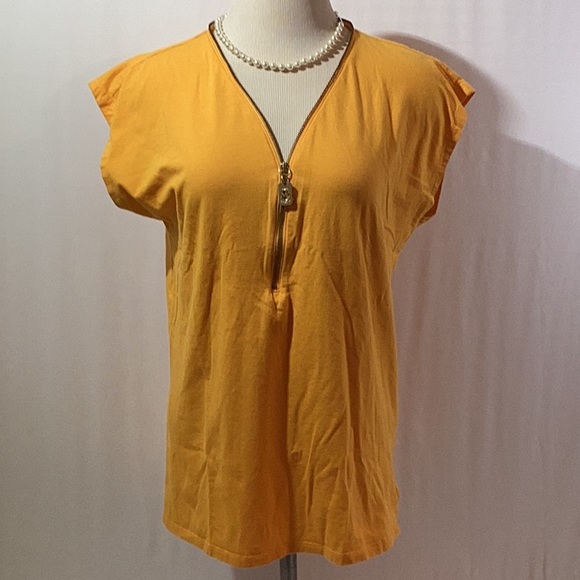 Michael Kors Top Jersey Size M Yellow Fully Functional Zip Short sleeves V neck - Picture 1 of 9
